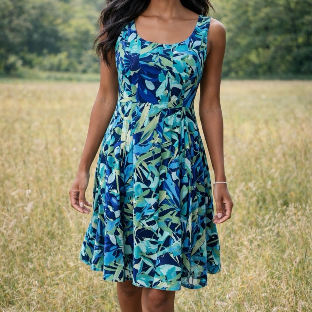 Connected Dress Blue Green 12 A Line Scoop Flowy Sleeveless Tropical Washable - Picture 2 of 7